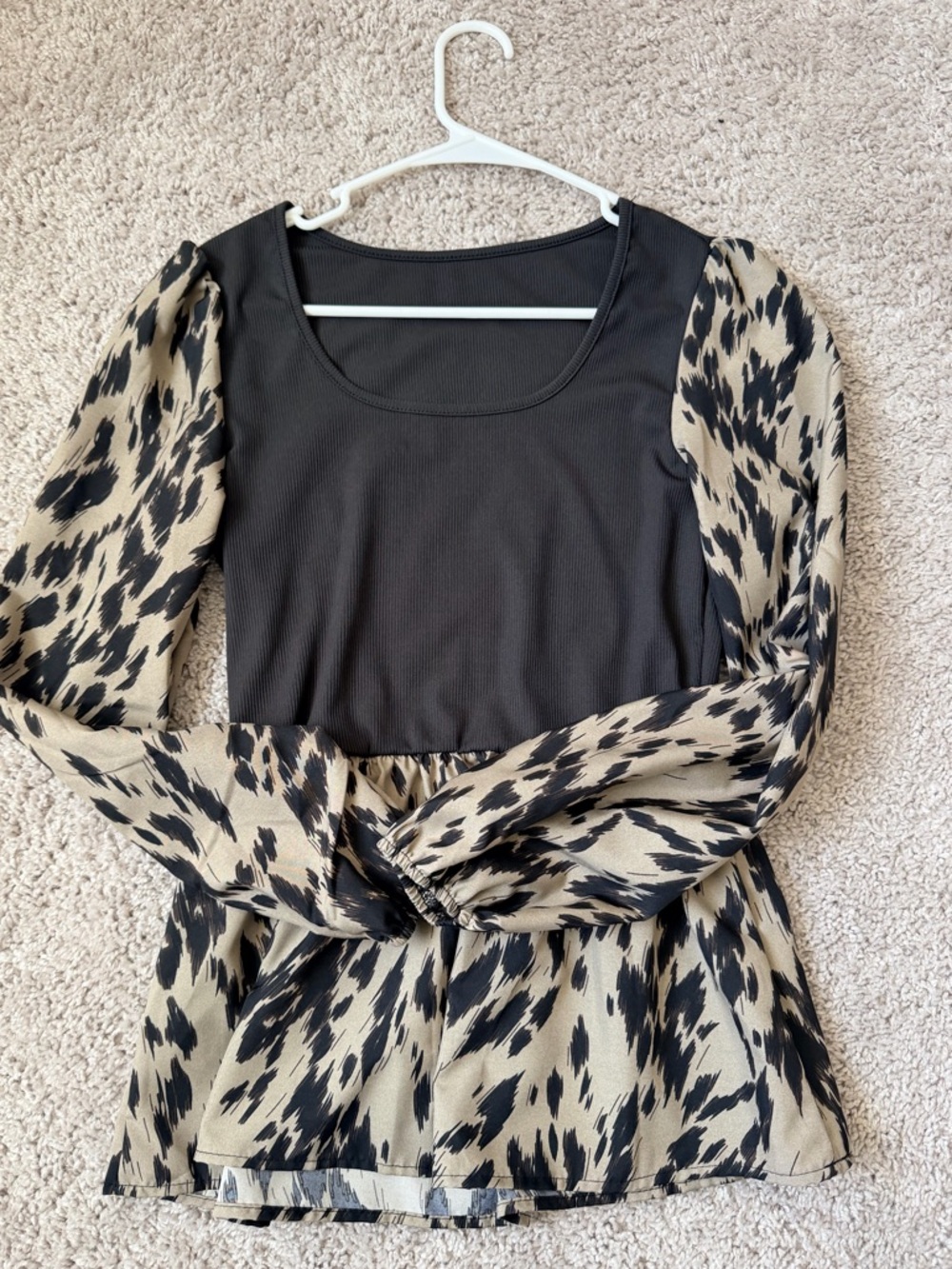 Black Scoop Neck Blouse with Beige and Black Patterned Sleeves